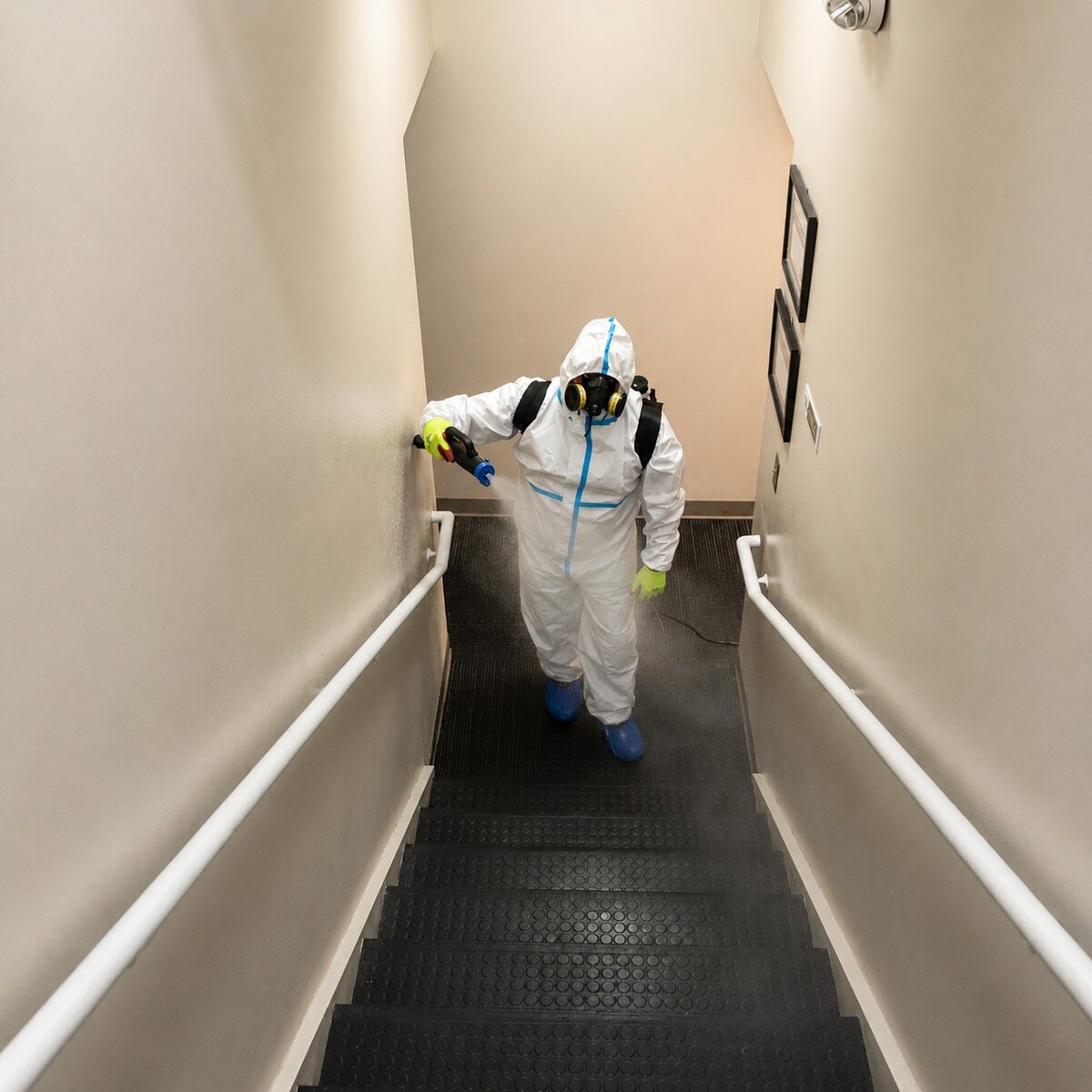 PWC technician disinfecting a commercial stairwell, treating handrails and steps